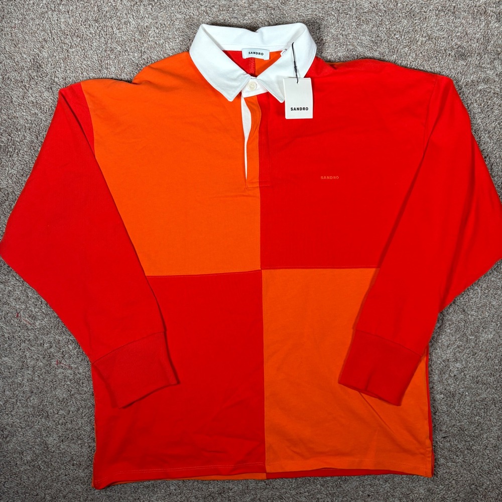Sandro Paris Mens Rugby Square Long Sleeve Polo Shirt Red Orange XL SHPSW00523
